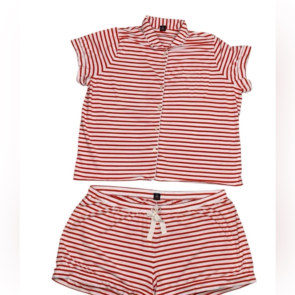 J. Crew Red and White Striped Short Sleeve Pajama Set (Large)